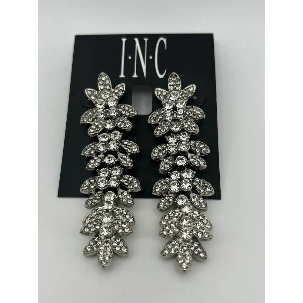 Silver-Tone Crystal‎ Leaf Linear Drop Earrings
